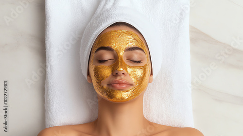 Obraz na płótnie A serene woman relaxing with a gold facial mask, showcasing self-care and beauty treatments. The soft, soothing ambiance emphasizes relaxation and rejuvenation. w salonie