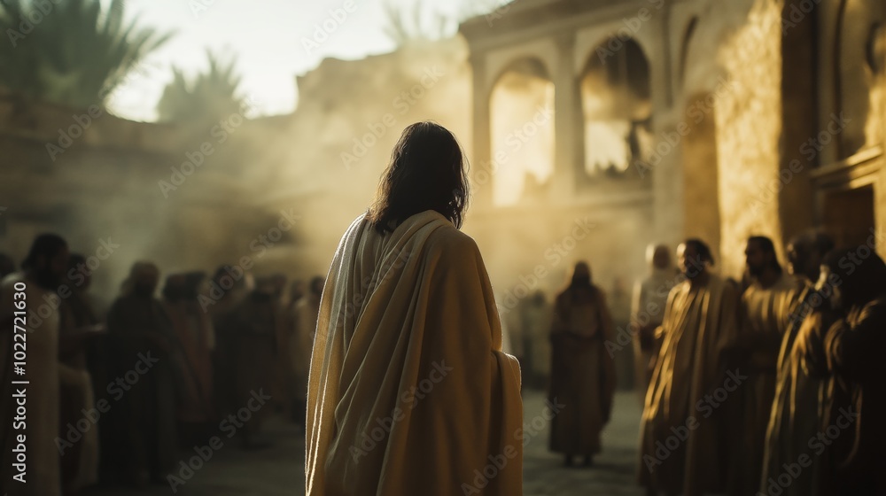 Naklejka premium Jesus speaks to people outside the temple