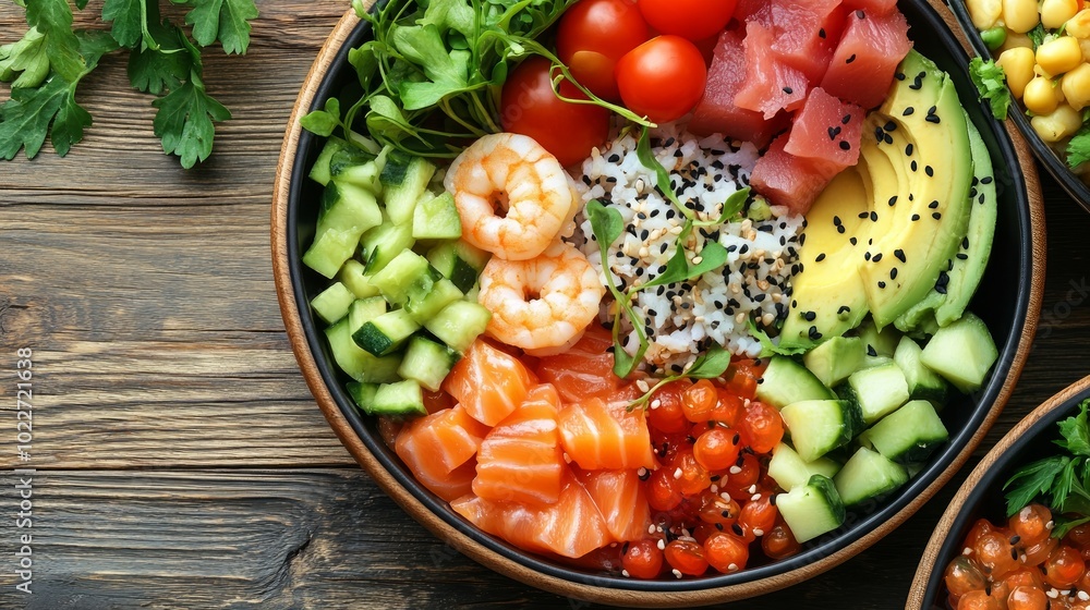 Close-up of a colorful poke bowl with fresh ingredients like salmon, tuna, shrimp, avocado, cucumber, tomatoes, and rice on a wooden background.