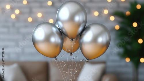 Three elegant silver and gold balloons float gracefully against a blurred festive backdrop, perfect for celebrations and parties. photo