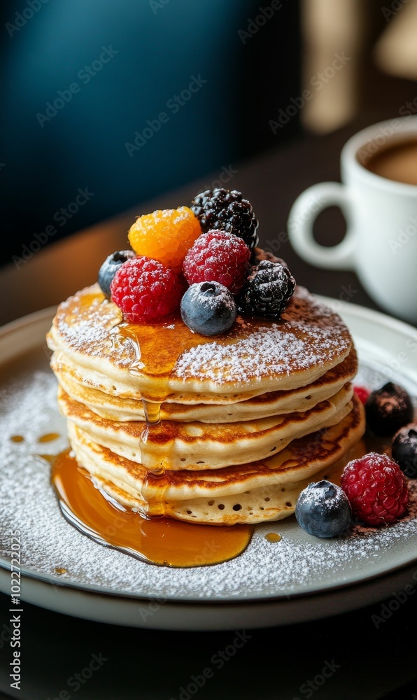 Pancakes with berries and syrup on a plate. Pancakes with berries and syrup on a plate.