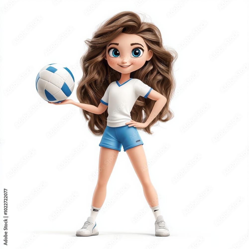 Cheerful Cartoon Girl Holding a Volleyball Cheerful Cartoon Girl Holding a Volleyball