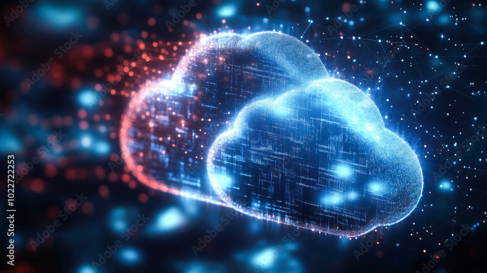 Cloud computing. The data transfer and storage concept has a cloud in the middle connected to a white polygon inside Cloud computing. The data transfer and storage concept has a cloud in the middle connected to a white polygon inside
