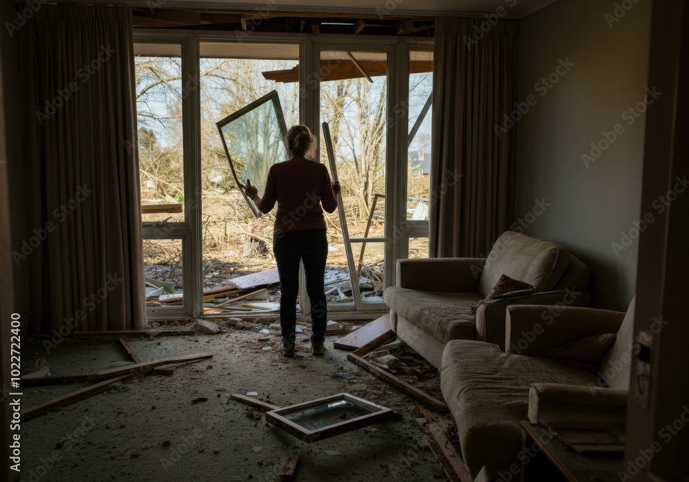 Woman assessing tornado damage in living room with broken windows Woman assessing tornado damage in living room with broken windows