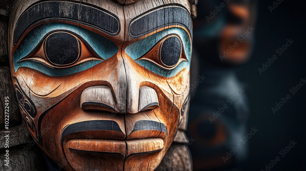 Close-up of a traditional wooden totem pole carving with intricate painted details, including prominent eyes and facial features in vibrant colors. Close-up of a traditional wooden totem pole carving with intricate painted details, including prominent eyes and facial features in vibrant colors.