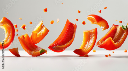 levitating sweet pepper cutted pieces, separated, white background photo