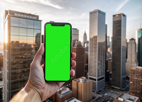Smartphone mockup green screen with building background