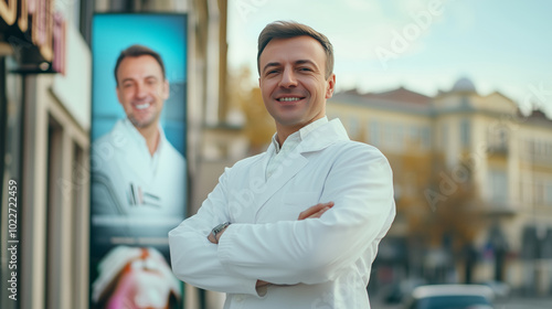 the image of the director of a dental clinic on an advertising billboard on city streets