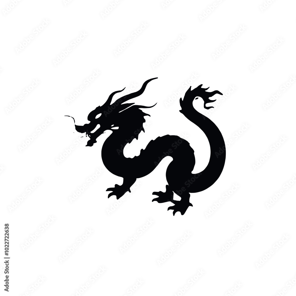A black silhouette of a Chinese dragon with a long serpentine body, horns, and claws A black silhouette of a Chinese dragon with a long serpentine body, horns, and claws