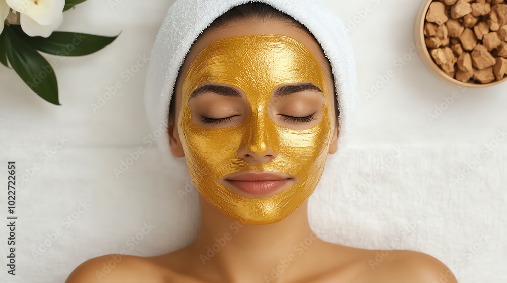 A woman enjoys a relaxing spa treatment with a golden facial mask, surrounded by calming natural elements and soft textures.