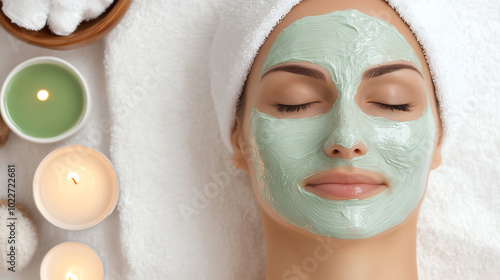 A woman enjoys a relaxing spa treatment with a green facial mask. The serene atmosphere is enhanced by candles and soft towels, promoting tranquility and self-care.