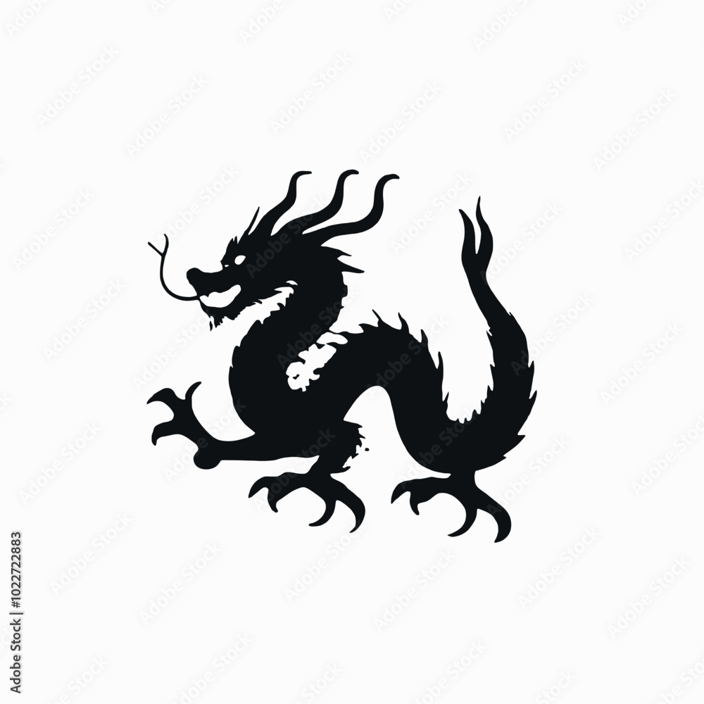 A black silhouette of a Chinese dragon with a long serpentine body, horns, and claws A black silhouette of a Chinese dragon with a long serpentine body, horns, and claws