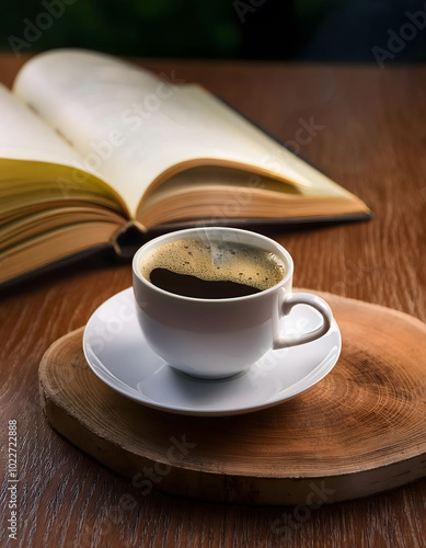  A cup of coffee and an open book on a wooden table
