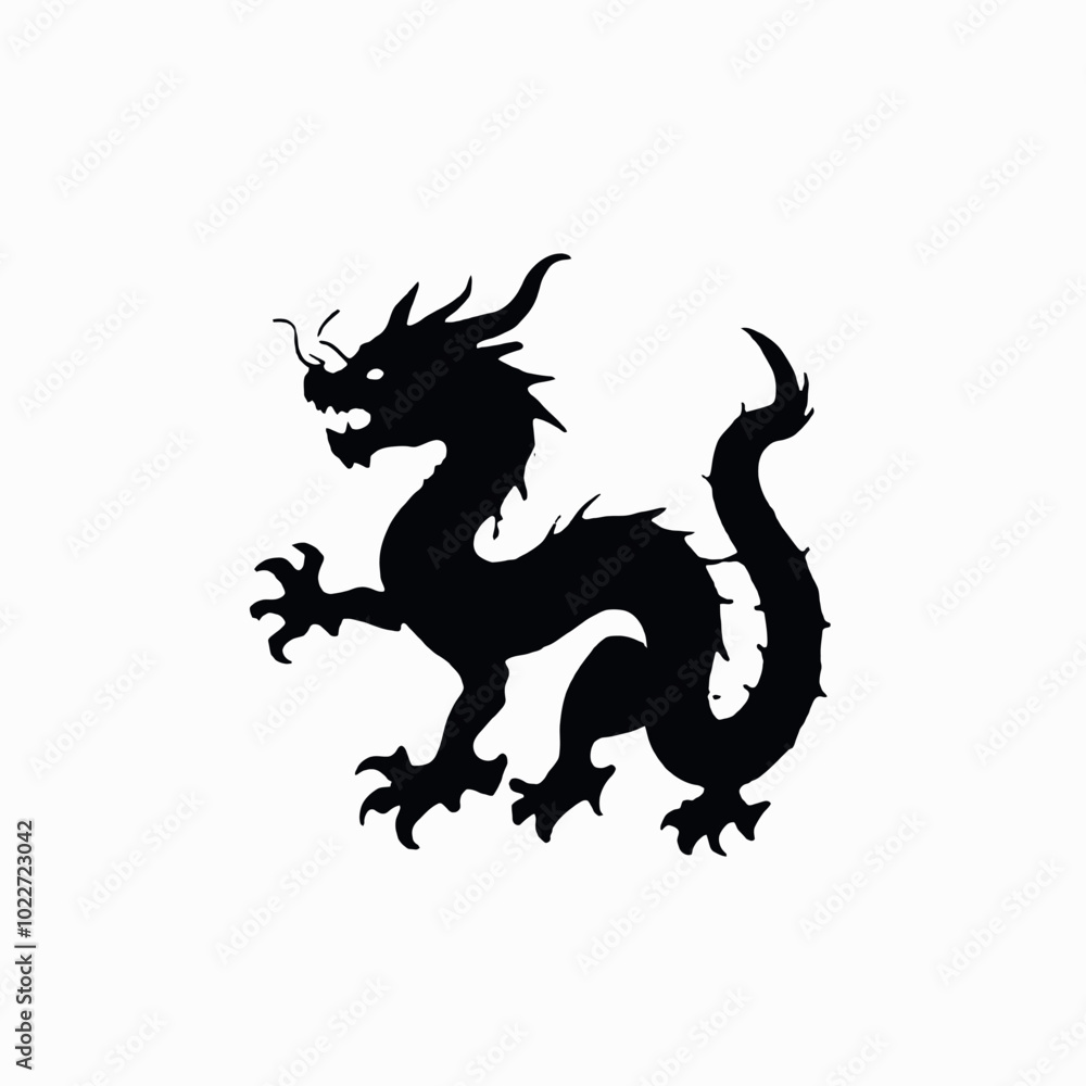 A black silhouette of a Chinese dragon with a long serpentine body, horns, and claws A black silhouette of a Chinese dragon with a long serpentine body, horns, and claws