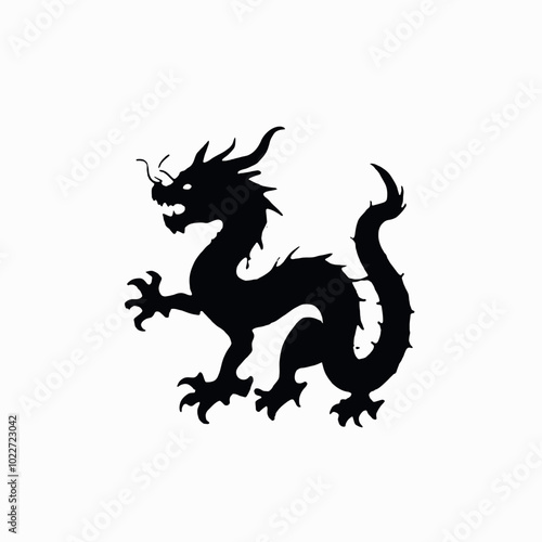 A black silhouette of a Chinese dragon with a long serpentine body, horns, and claws