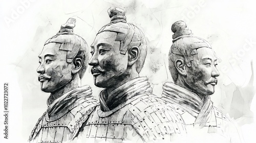 Three Terracotta Army warriors in black and white watercolor illustration.