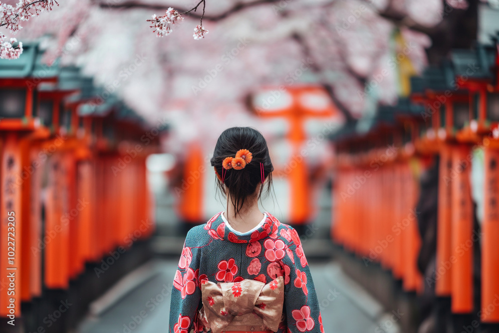 Fototapeta premium Japanese Woman in Traditional Kimono Admiring Cherry Blossoms. View from behind. Generative AI