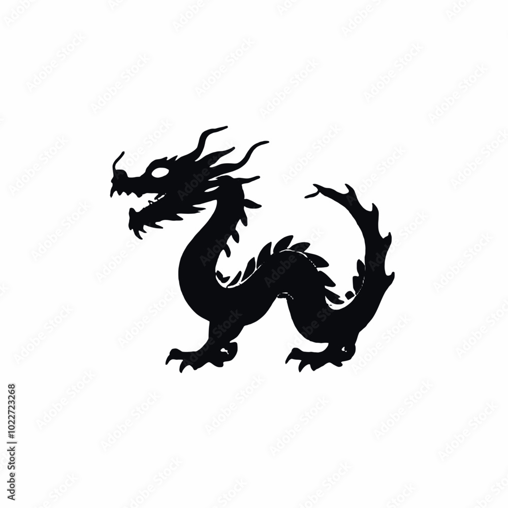 A black silhouette of a Chinese dragon with a long serpentine body, horns, and claws A black silhouette of a Chinese dragon with a long serpentine body, horns, and claws