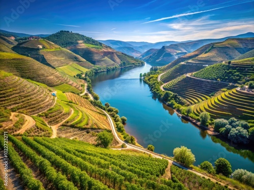 Wallpaper Mural Scenic View of Douro Valley with Vineyards and River Under Clear Blue Sky in Portugal's Wine Region Torontodigital.ca