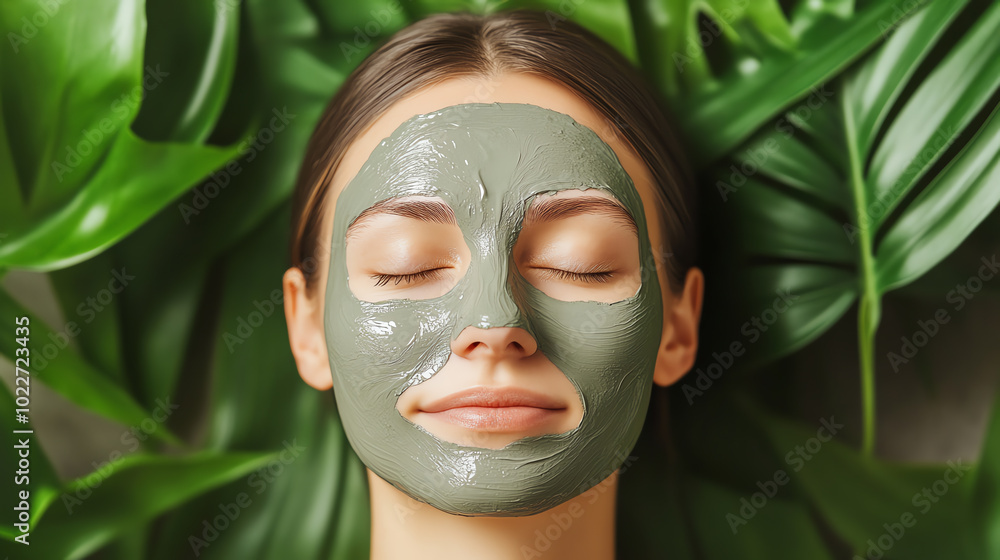 Relaxed woman with a green clay facial mask lying on tropical leaves, showcasing natural beauty and skincare routine in a serene setting. Relaxed woman with a green clay facial mask lying on tropical leaves, showcasing natural beauty and skincare routine in a serene setting.