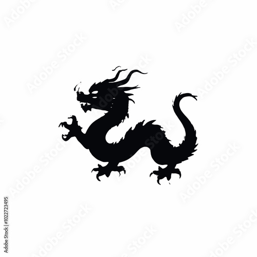 A black silhouette of a Chinese dragon with a long serpentine body, horns, and claws