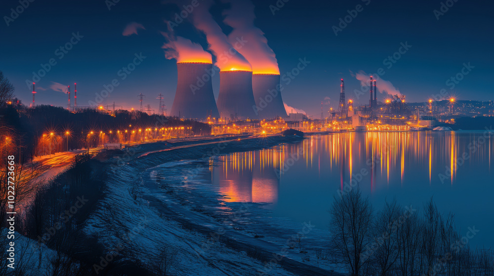 Fototapeta premium Night shot of a large nuclear power plant close to a river with blue night sky.