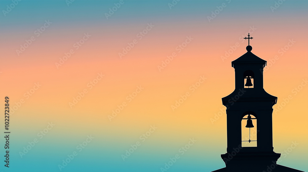 A stark silhouette of a bell tower stands against a gradient sky, emphasizing its architectural features and evoking a sense of nostalgia A stark silhouette of a bell tower stands against a gradient sky, emphasizing its architectural features and evoking a sense of nostalgia