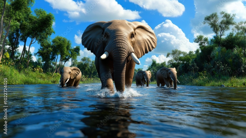 Fototapeta premium Majestic Elephants Walking Through Calm Water