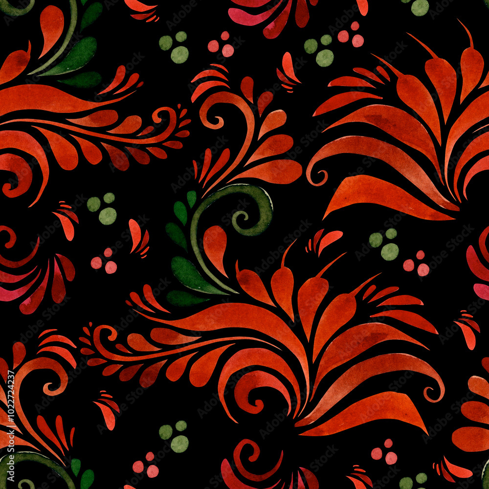Folk style. Watercolor seamless pattern on a dark background. Textile, fabrics, wallpaper, wrapping paper, textures. Folk style. Watercolor seamless pattern on a dark background. Textile, fabrics, wallpaper, wrapping paper, textures.