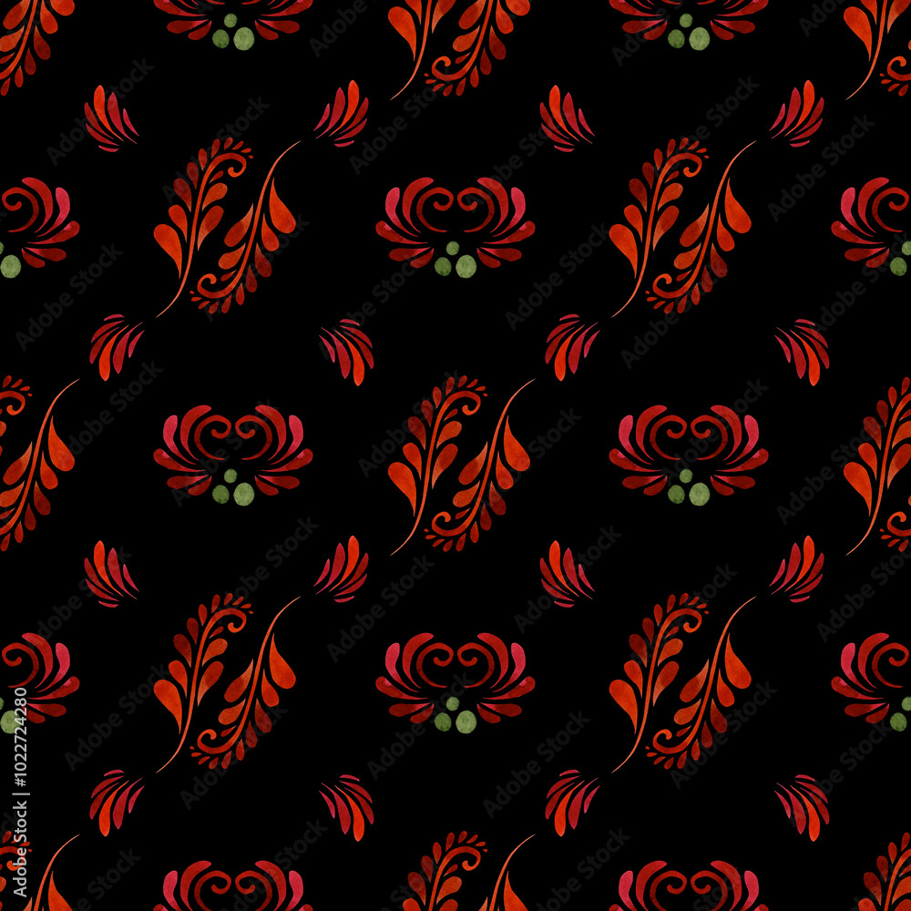 Folk style. Watercolor seamless pattern on a dark background. Textile, fabrics, wallpaper, wrapping paper, textures. Folk style. Watercolor seamless pattern on a dark background. Textile, fabrics, wallpaper, wrapping paper, textures.