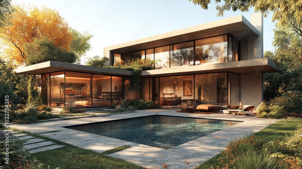 Modern house with large windows and pool surrounded by greenery. Modern house with large windows and pool surrounded by greenery.