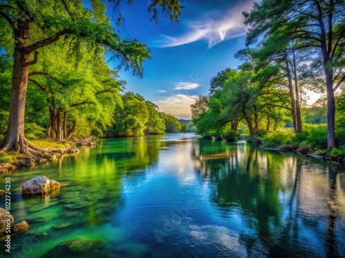 Scenic View of Guadalupe River in Texas Surrounded by Lush Greenery and Clear Blue Skies