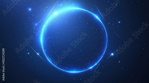 Blue glowing circular frame on dark background with a copy space for text.