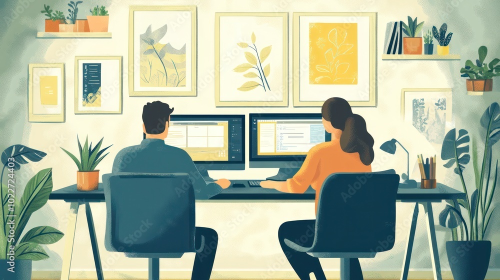 Couples illustrated sharing a home office, where productivity and comfort are optimized with creative, dual-use workspaces, illustrations Couples illustrated sharing a home office, where productivity and comfort are optimized with creative, dual-use workspaces, illustrations