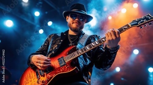 Energetic Musician Performing on Stage with Electric Guitar