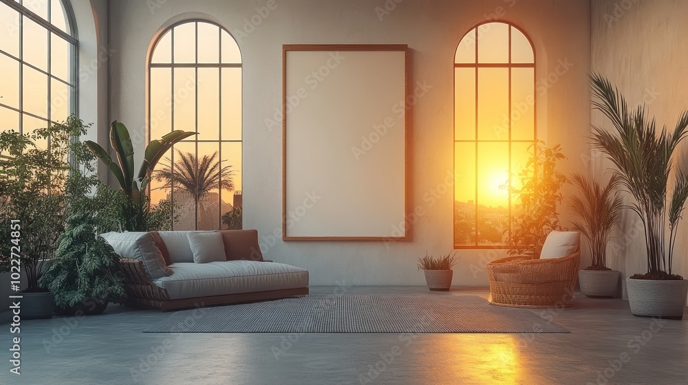 Modern interior with large windows and sunset view.