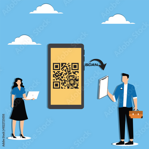 Businessman and businesswoman are scanning QR code on mobile