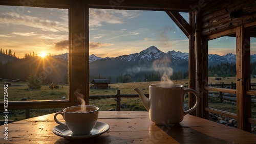 Sunrise in the Mountains: Steam Rises from a Hot Drink by a Wooden Table in a Cozy Cabin photo