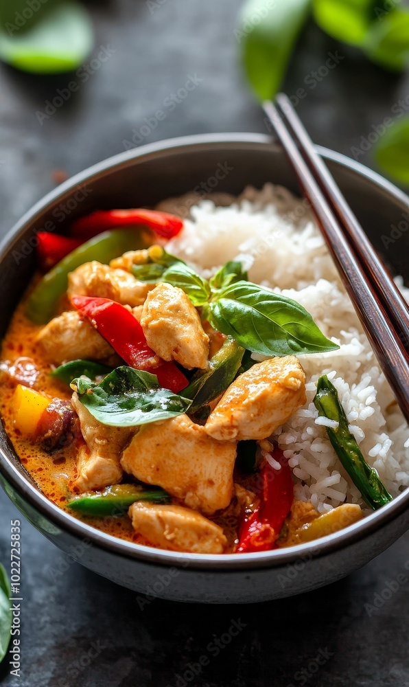 Chicken curry with rice and basil. Chicken curry with rice and basil.