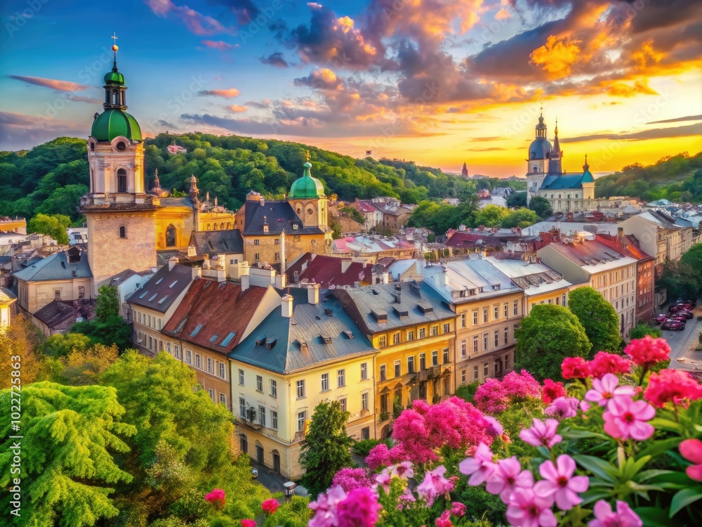 Obraz premium Scenic view of Lviv, Ukraine showcasing historic architecture and vibrant street life in summer