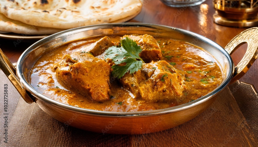 Authentic Indian Curry With Tender Chicken Pieces and Rich Gravy, Served With Fresh Naan Bread on a Traditional Copper Plate in an Ethnic Restaurant Setting Authentic Indian Curry With Tender Chicken Pieces and Rich Gravy, Served With Fresh Naan Bread on a Traditional Copper Plate in an Ethnic Restaurant Setting