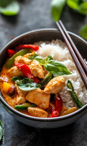 Chicken curry with rice and basil.