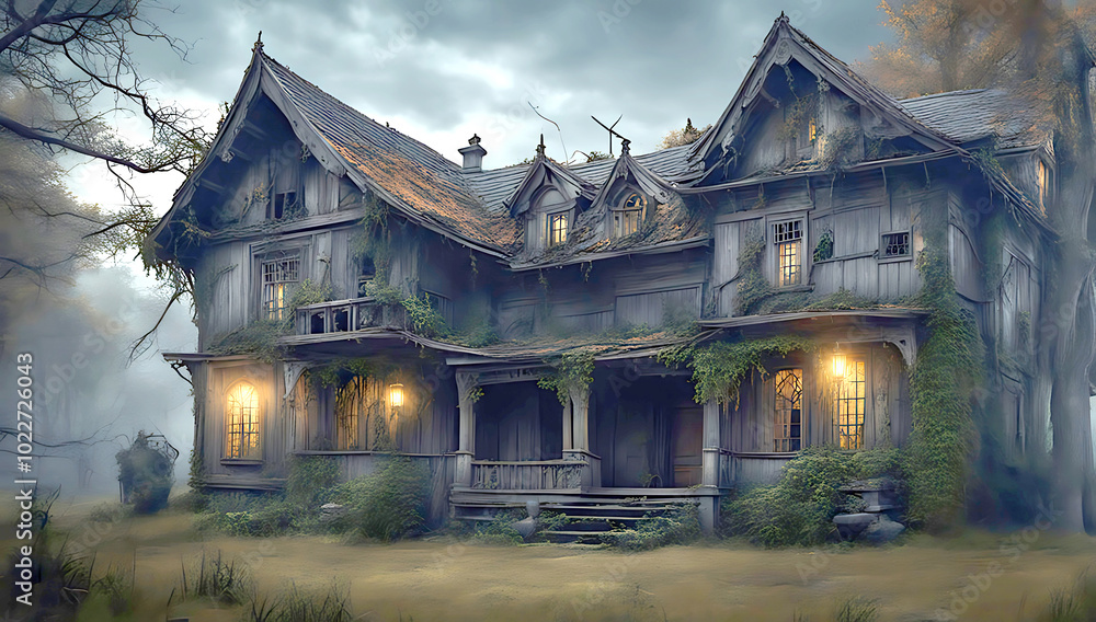 a haunted house scene is surrounded by a wrought iron fence and overgrown vegetation, creating an eerie atmosphere a haunted house scene is surrounded by a wrought iron fence and overgrown vegetation, creating an eerie atmosphere