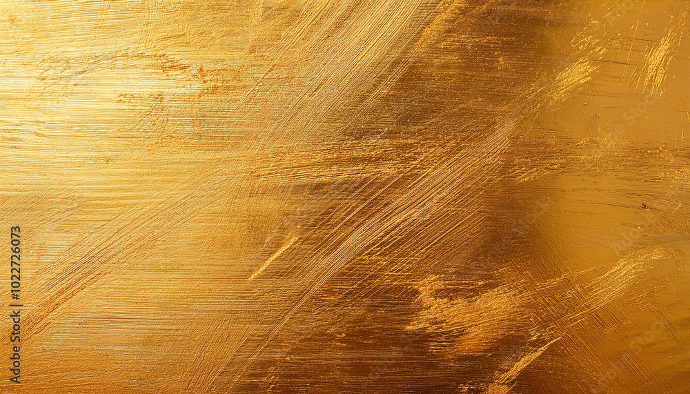 Fototapeta premium Elegant gold foil texture with distressed finish for luxury design. Abstract grunge metallic surface with scratches and smudges. Versatile golden backdrop for creative projects in fashion