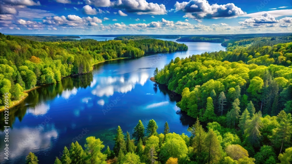 Fototapeta premium Scenic View of Michigan's Lush Green Forests and Tranquil Lakes Under a Clear Blue Sky