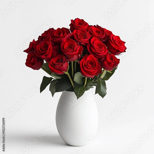 A bouquet of vibrant red roses in a white vase, mid-shot, with half of the vase visible, against a white background
