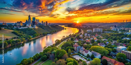 Scenic View of Mt Bonnell Overlooking the Austin Skyline at Sunset, Texas, USA in Vibrant Colors