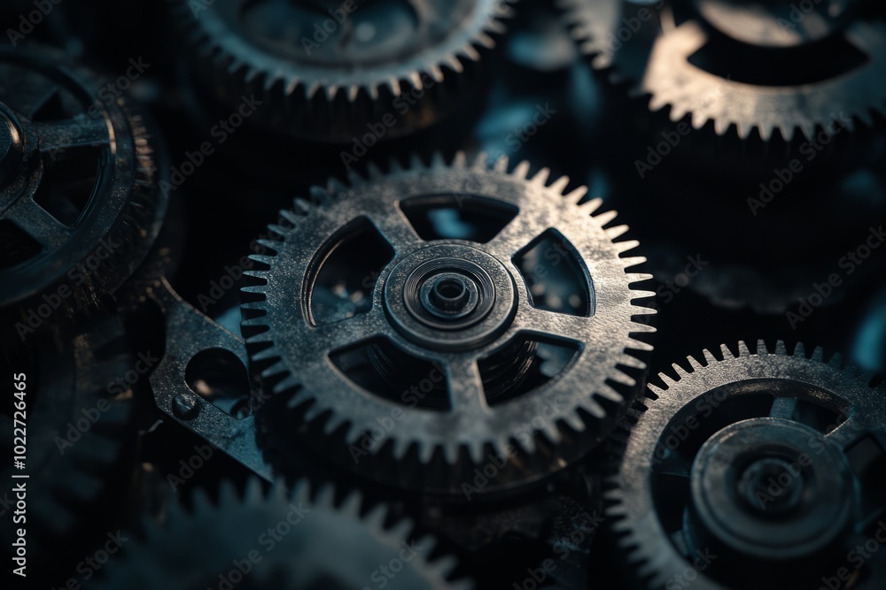 Close-up of dark metallic gears in a complex mechanical system, showcasing industrial precision. Close-up of dark metallic gears in a complex mechanical system, showcasing industrial precision.