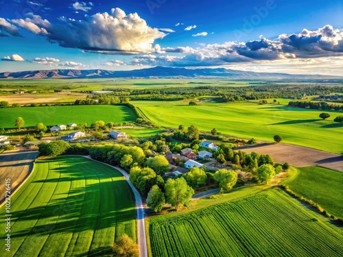 Scenic View of Nampa Idaho with Lush Green Fields and Beautiful Blue Sky on a Sunny Day photo