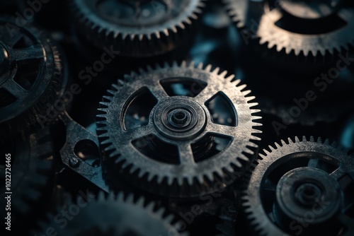 Close-up of dark metallic gears in a complex mechanical system, showcasing industrial precision.